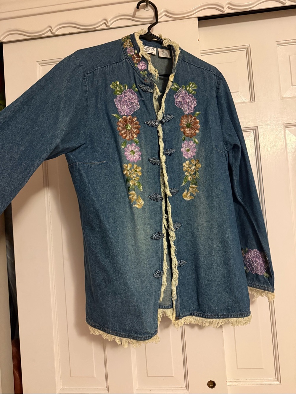 Venezia Embroidered Denim Jacket in Blue with Purple and Green Floral Accents